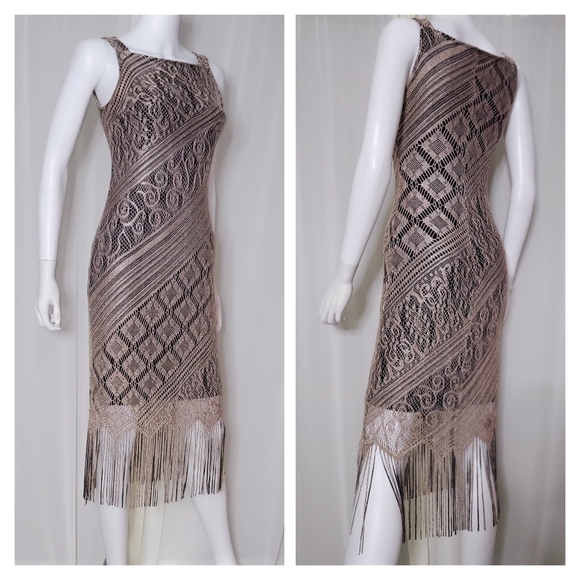 Vintage Dress • Gold Knit Lace • Flapper Fringe • 20s Style Cocktail Party • S - Picture 3 of 3